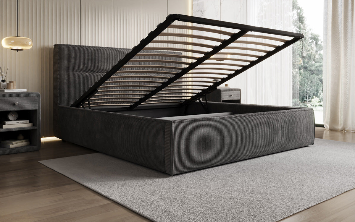 Designer Polsterbett Merry in Cord mit Stauraum