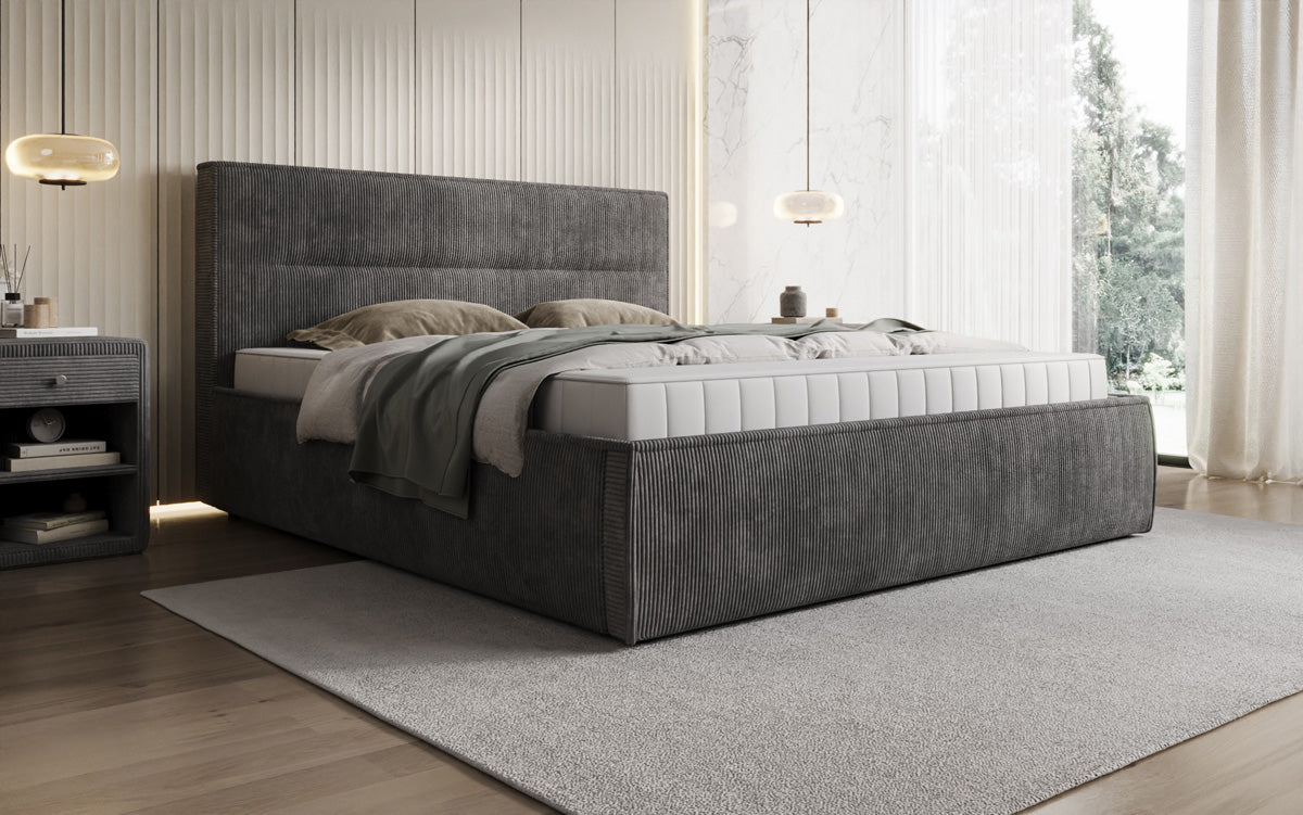 Designer Polsterbett Merry in Cord mit Stauraum