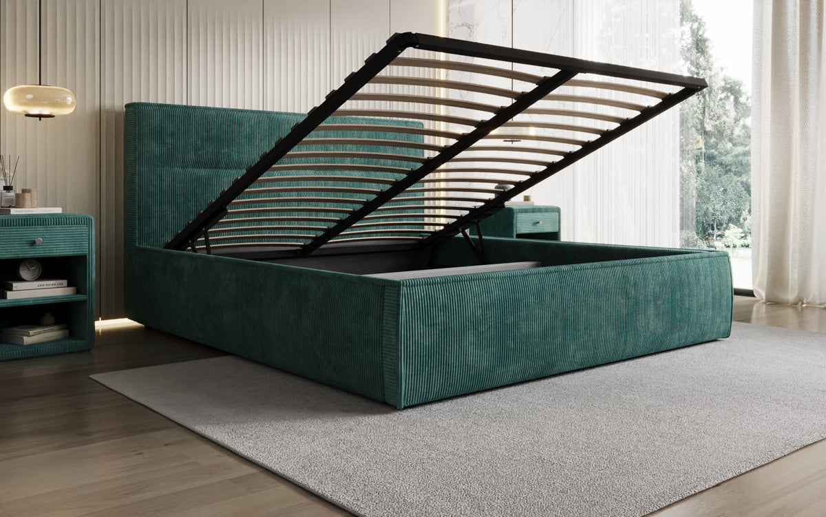 Designer Polsterbett Merry in Cord mit Stauraum