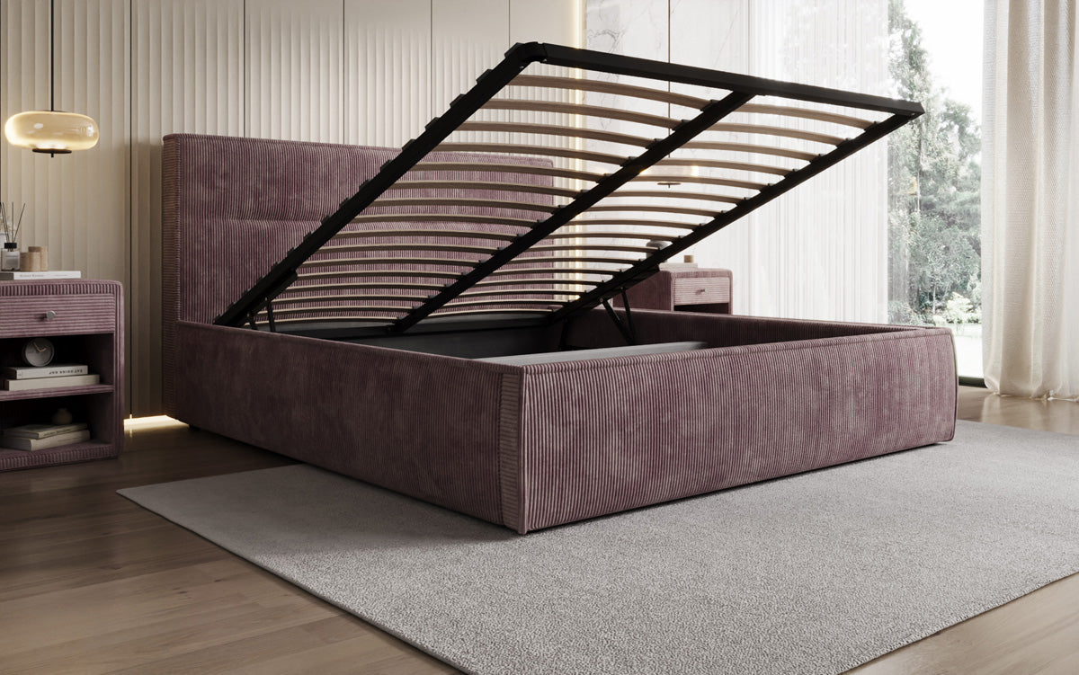 Designer Polsterbett Merry in Cord mit Stauraum