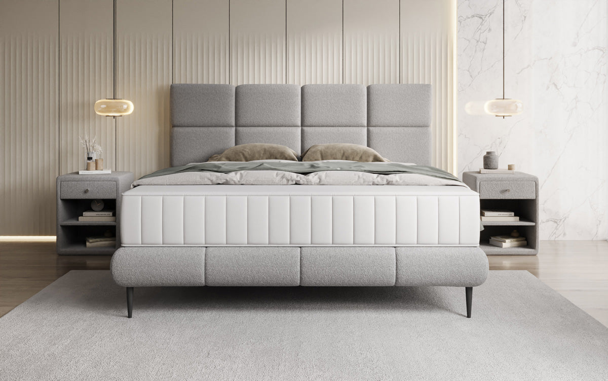 Luxusbetten24 Nessa Boxspringbett mit Hohen Füßen in Teddy Bouclé