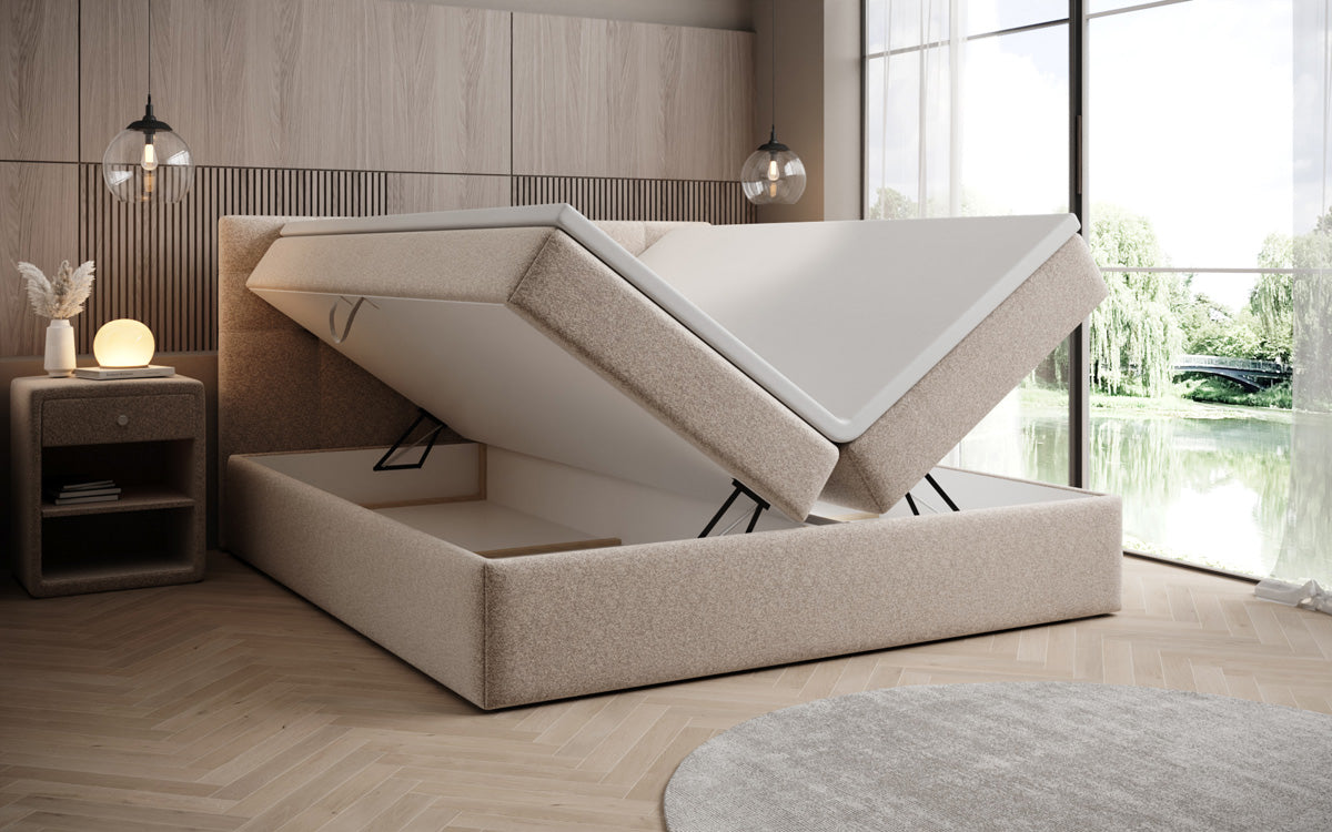 Luxusbetten24 Boxspringbett Strukturstoff mit Stauraum, verschiedene Größen und Farben