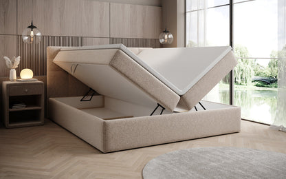 Luxusbetten24 Boxspringbett Strukturstoff mit Stauraum, verschiedene Größen und Farben
