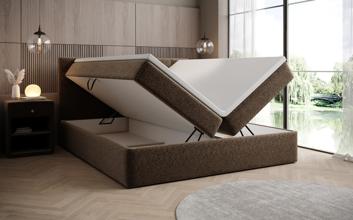 Luxusbetten24 Boxspringbett Strukturstoff mit Stauraum, verschiedene Größen und Farben