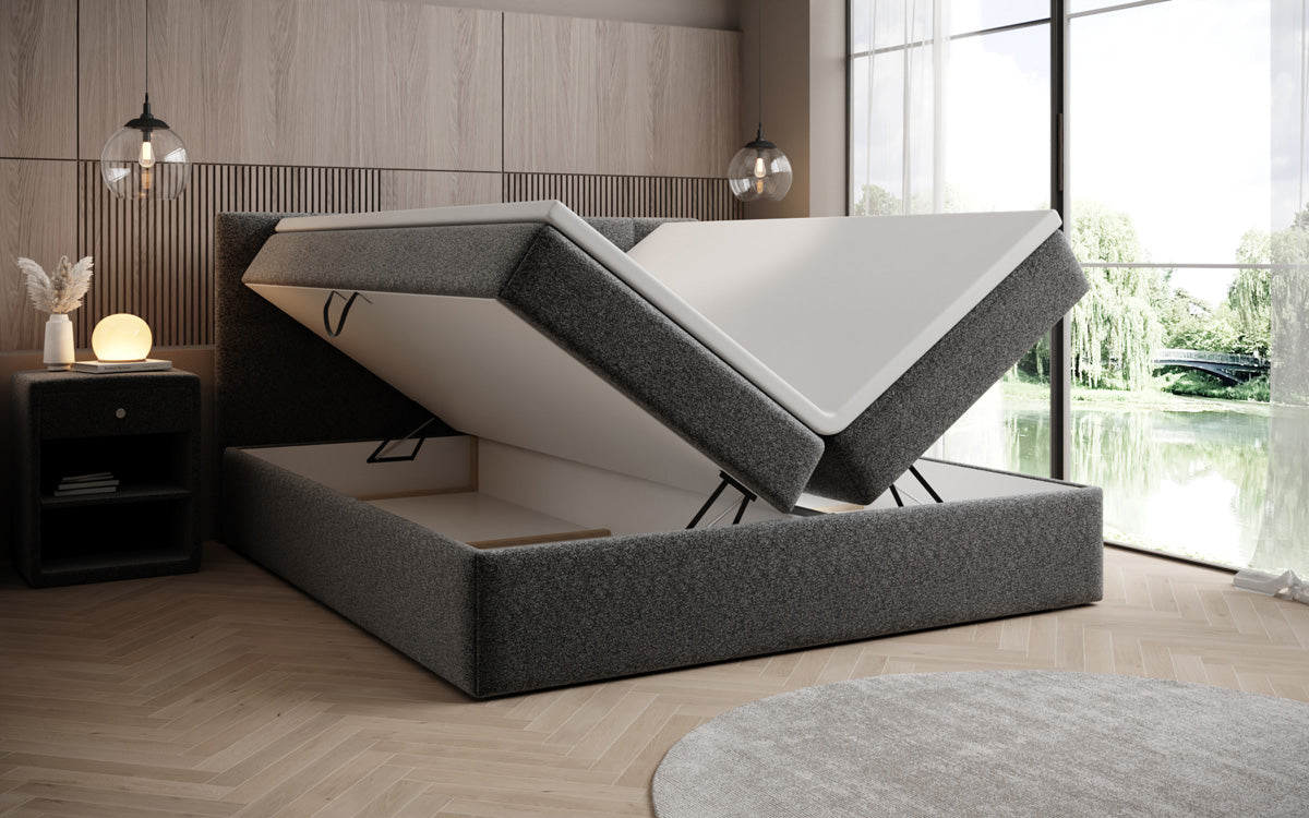 Luxusbetten24 Boxspringbett Strukturstoff mit Stauraum, verschiedene Größen und Farben