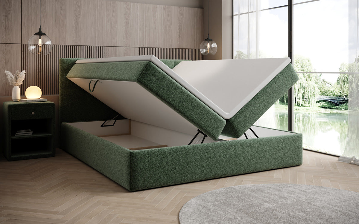 Luxusbetten24 Boxspringbett Strukturstoff mit Stauraum, verschiedene Größen und Farben