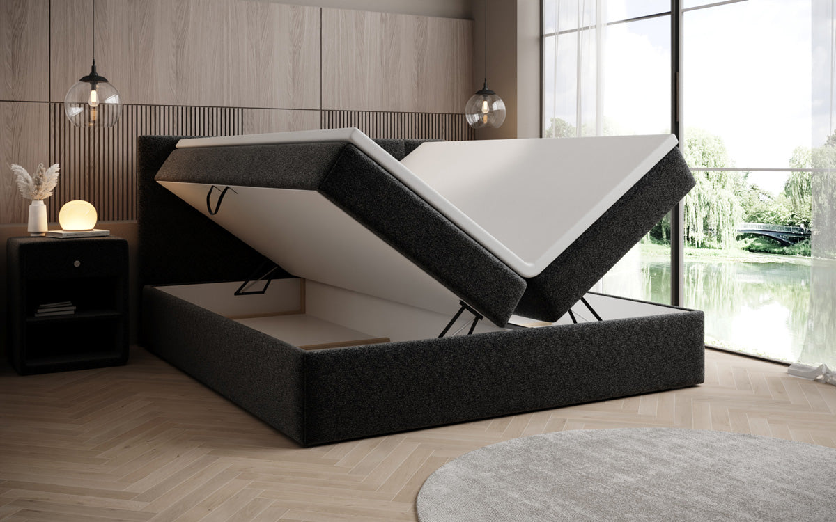 Luxusbetten24 Boxspringbett Strukturstoff mit Stauraum, verschiedene Größen und Farben