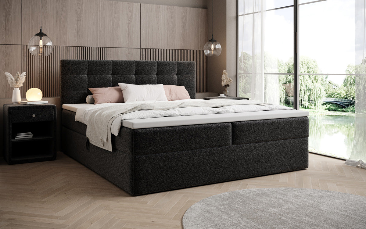 Luxusbetten24 Boxspringbett Strukturstoff mit Stauraum, verschiedene Größen und Farben