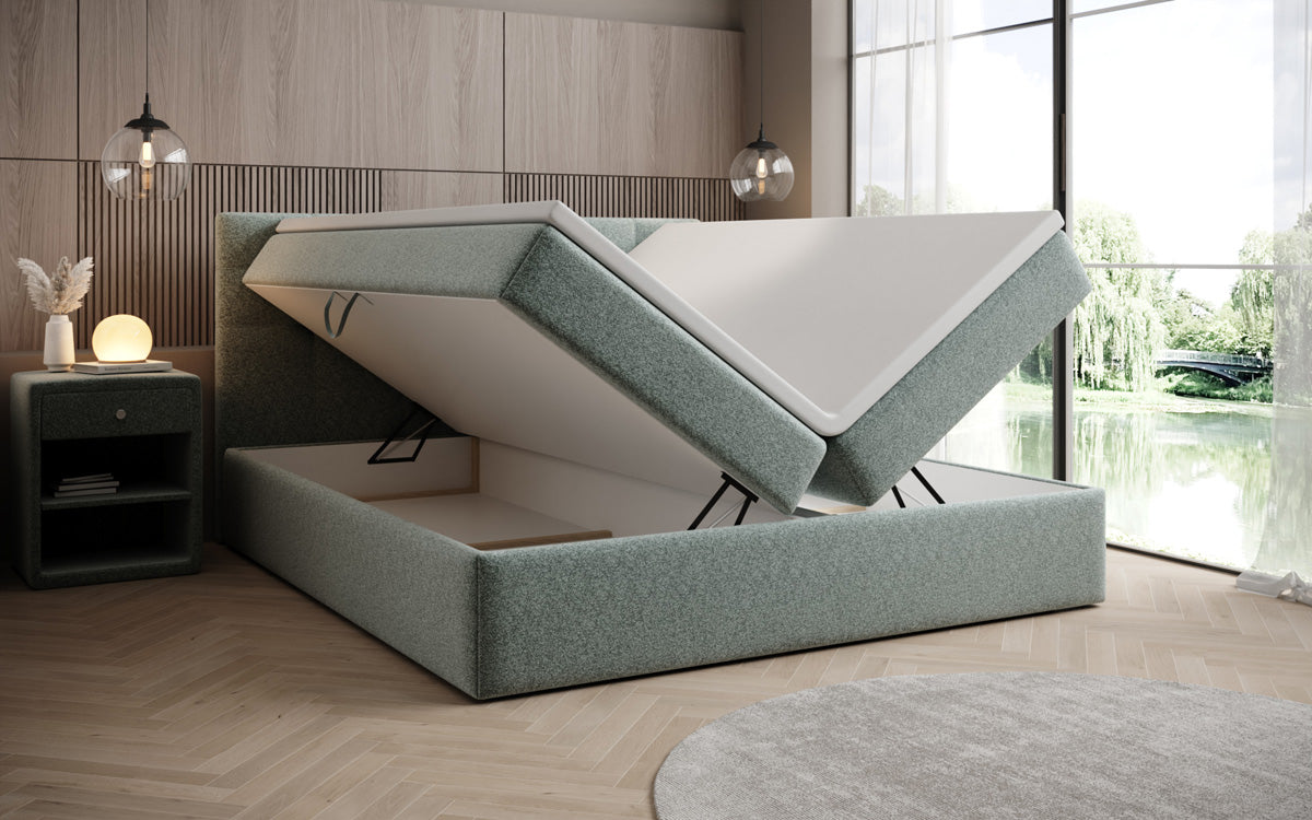 Luxusbetten24 Boxspringbett Strukturstoff mit Stauraum, verschiedene Größen und Farben