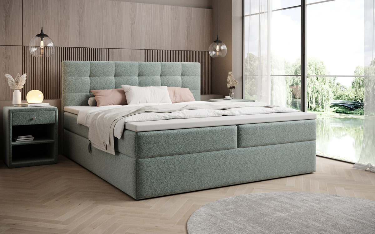 Luxusbetten24 Boxspringbett Strukturstoff mit Stauraum, verschiedene Größen und Farben
