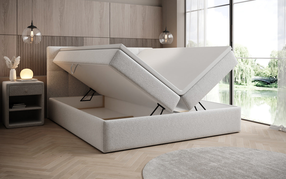 Luxusbetten24 Boxspringbett Strukturstoff mit Stauraum, verschiedene Größen und Farben