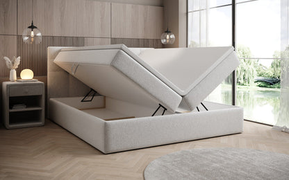 Luxusbetten24 Boxspringbett Strukturstoff mit Stauraum, verschiedene Größen und Farben