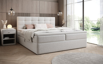 Luxusbetten24 Boxspringbett Strukturstoff mit Stauraum, verschiedene Größen und Farben