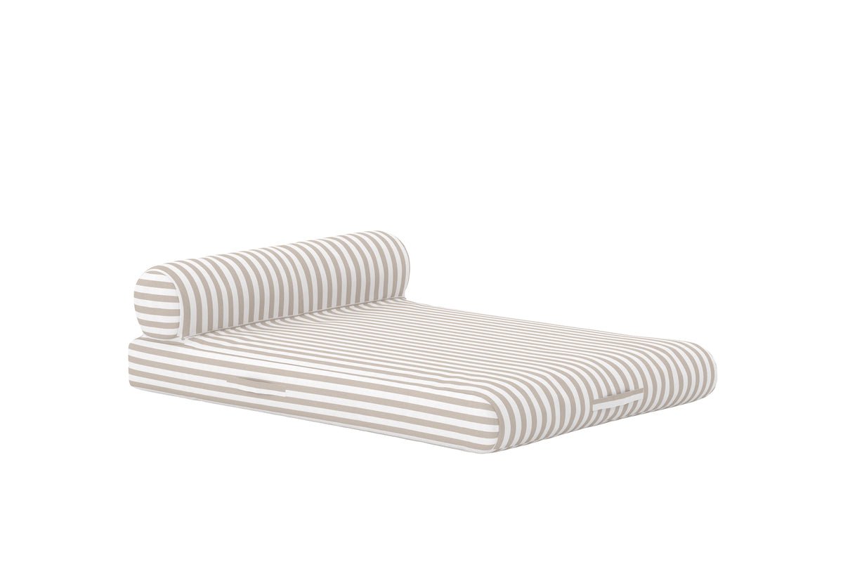 Luxusbetten24 Taro Sonnenliege, geschwungene Form mit integriertem Kissen, Beige/Weiß, 2‑Personen