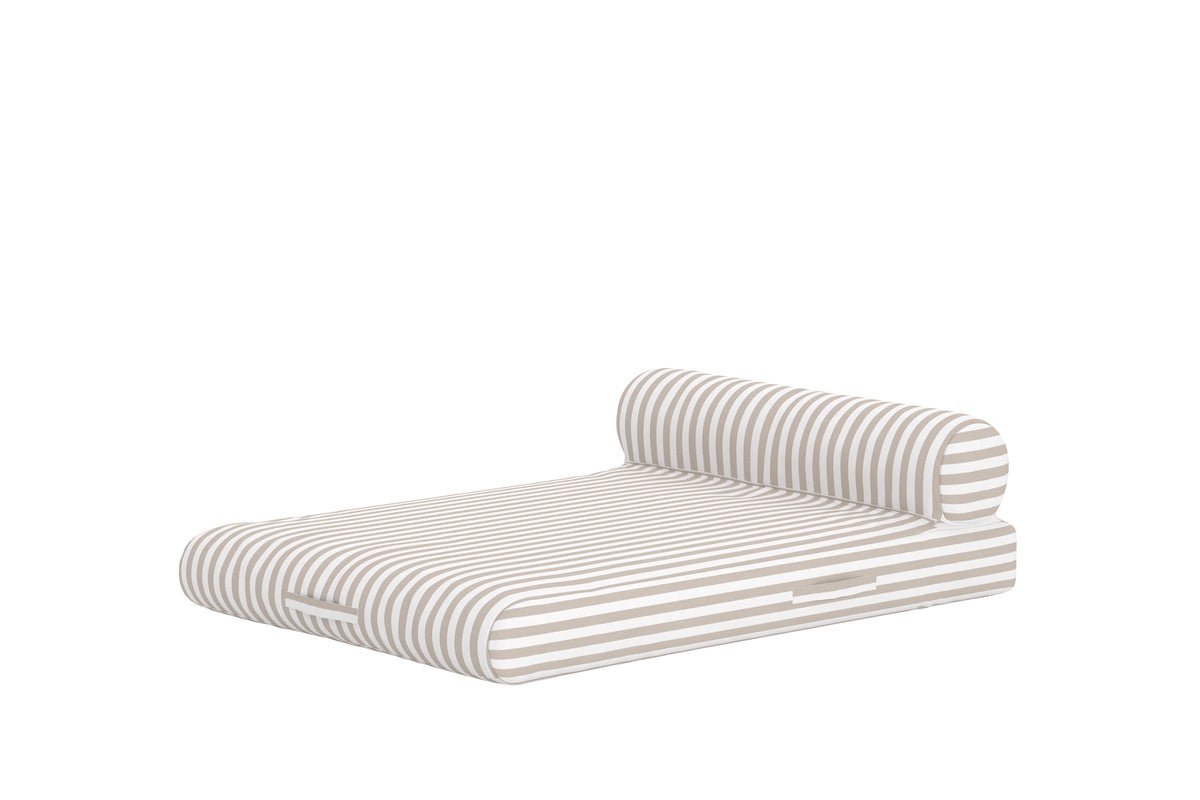 Luxusbetten24 Taro Sonnenliege, geschwungene Form mit integriertem Kissen, Beige/Weiß, 2‑Personen