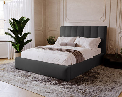 Luxusbetten24 Lunera Designer Polsterbett, Samt mit Stauraum, 200×200 cm, Hellgrau