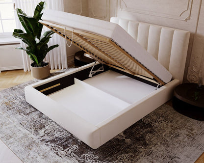 Luxusbetten24 Lunera Designer Polsterbett, Samt mit Stauraum, 200×200 cm, Hellgrau