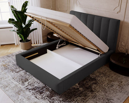 Luxusbetten24 Lunera Designer Polsterbett, Samt mit Stauraum, 200×200 cm, Hellgrau