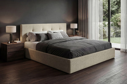Luxusbetten24 Alva Samt‑Polsterbett mit Stauraum – 140‑200 cm, Beige und Grau
