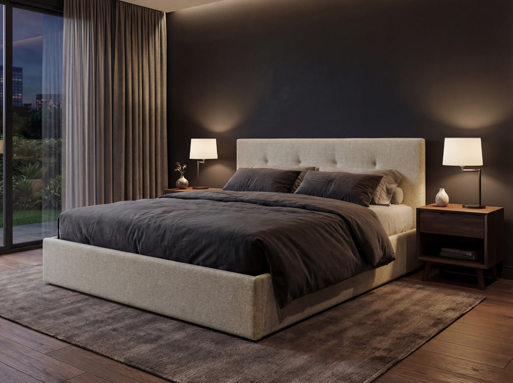 Luxusbetten24 Alva Samt‑Polsterbett mit Stauraum – 140‑200 cm, Beige und Grau