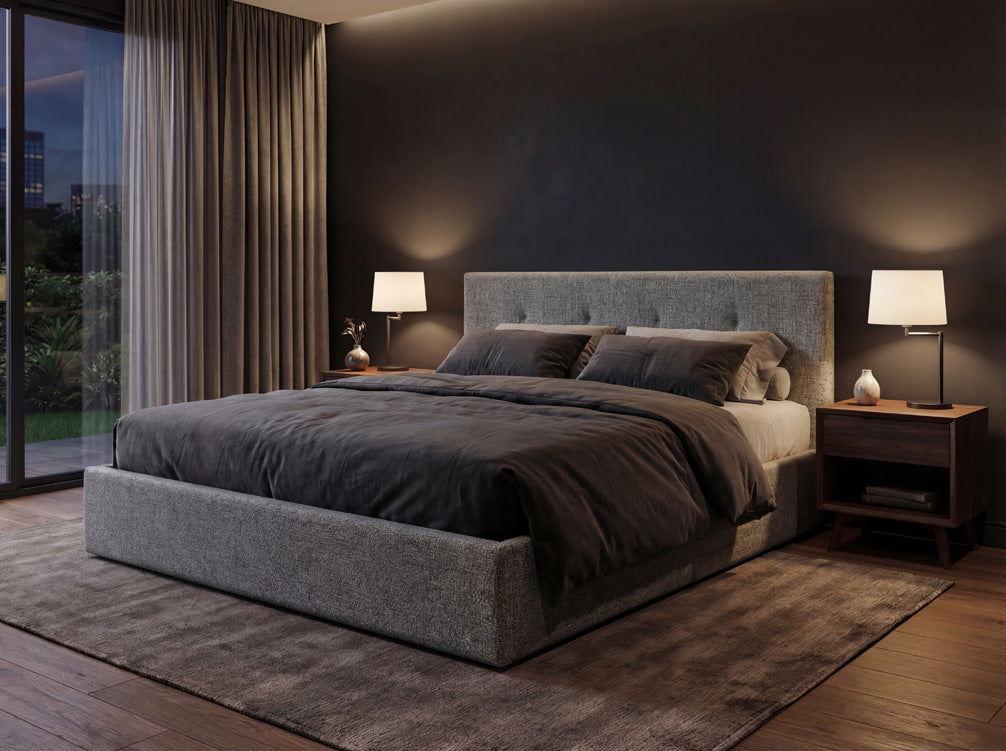 Luxusbetten24 Alva Samt‑Polsterbett mit Stauraum – 140‑200 cm, Beige und Grau