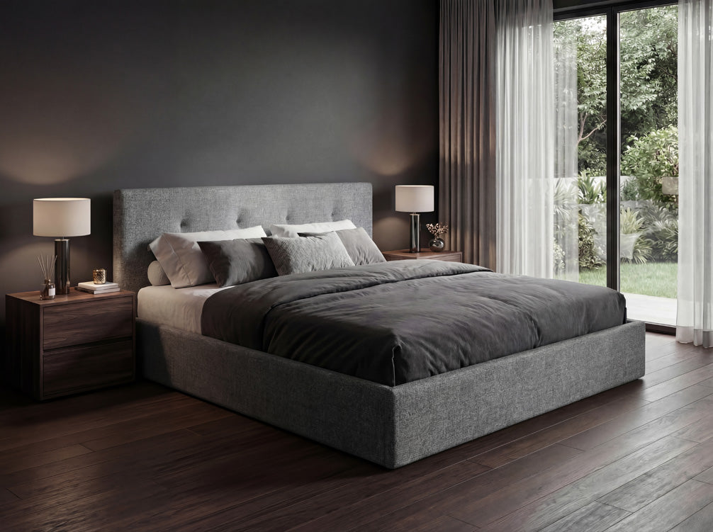 Luxusbetten24 Alva Samt‑Polsterbett mit Stauraum – 140‑200 cm, Beige und Grau