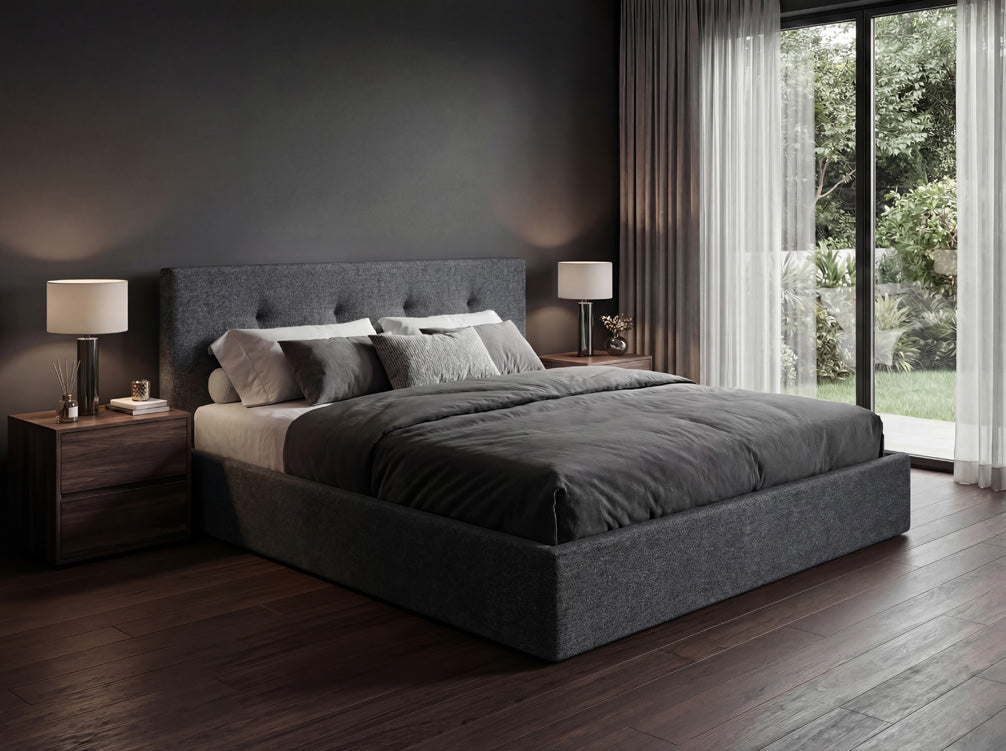 Luxusbetten24 Alva Samt‑Polsterbett mit Stauraum – 140‑200 cm, Beige und Grau