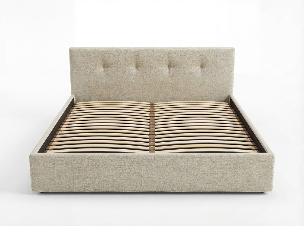 Luxusbetten24 Alva Samt‑Polsterbett mit Stauraum – 140‑200 cm, Beige und Grau
