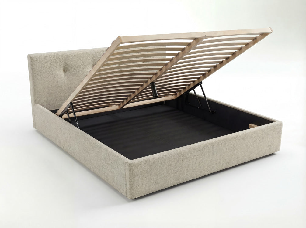 Luxusbetten24 Alva Samt‑Polsterbett mit Stauraum – 140‑200 cm, Beige und Grau