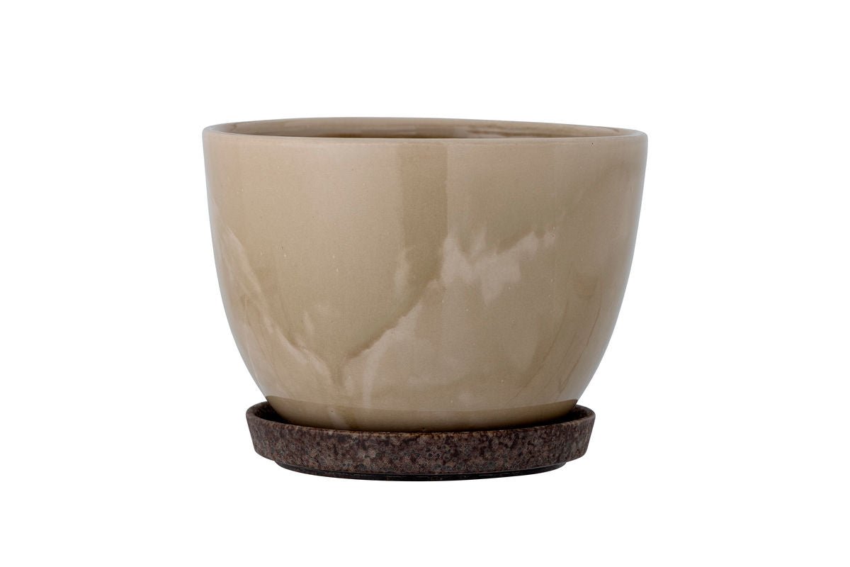 Blumentopf Lunna – Naturglasur in Braun mit Untertasse