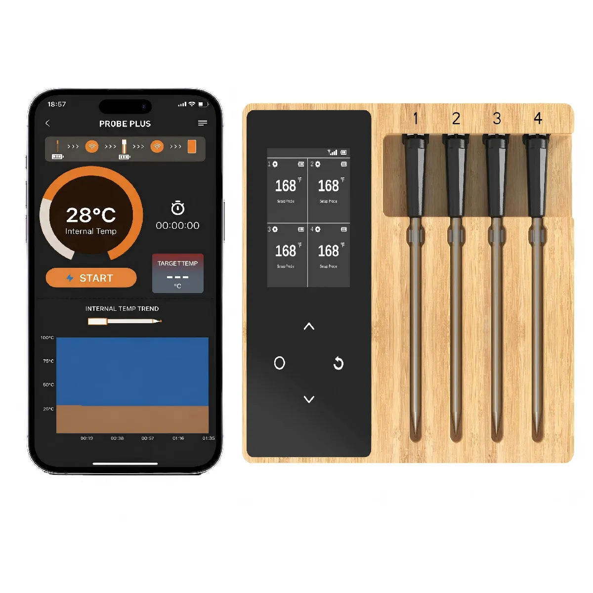 Thermomètre à Viande sans Fil Bluetooth 4 Sondes ByteLike Bambou MKR00021956960