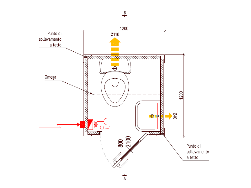 Standard Badkabine Box 1 m mit WC, Waschbecken und Aluminiumtür