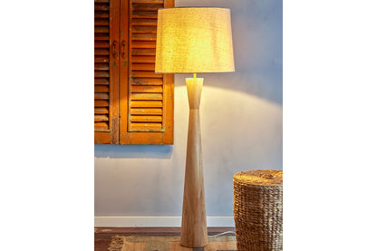 Luxusbetten24 Calen Stehlampe – Gummibaumholz mit Leinenschirm, Naturton