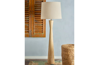 Luxusbetten24 Calen Stehlampe – Gummibaumholz mit Leinenschirm, Naturton