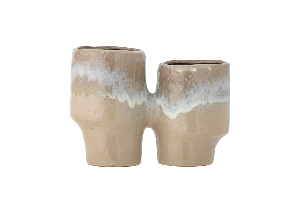 Luxusbetten24 Doublepott Blumentopf – Glasiertes Steingut, Hellbraun