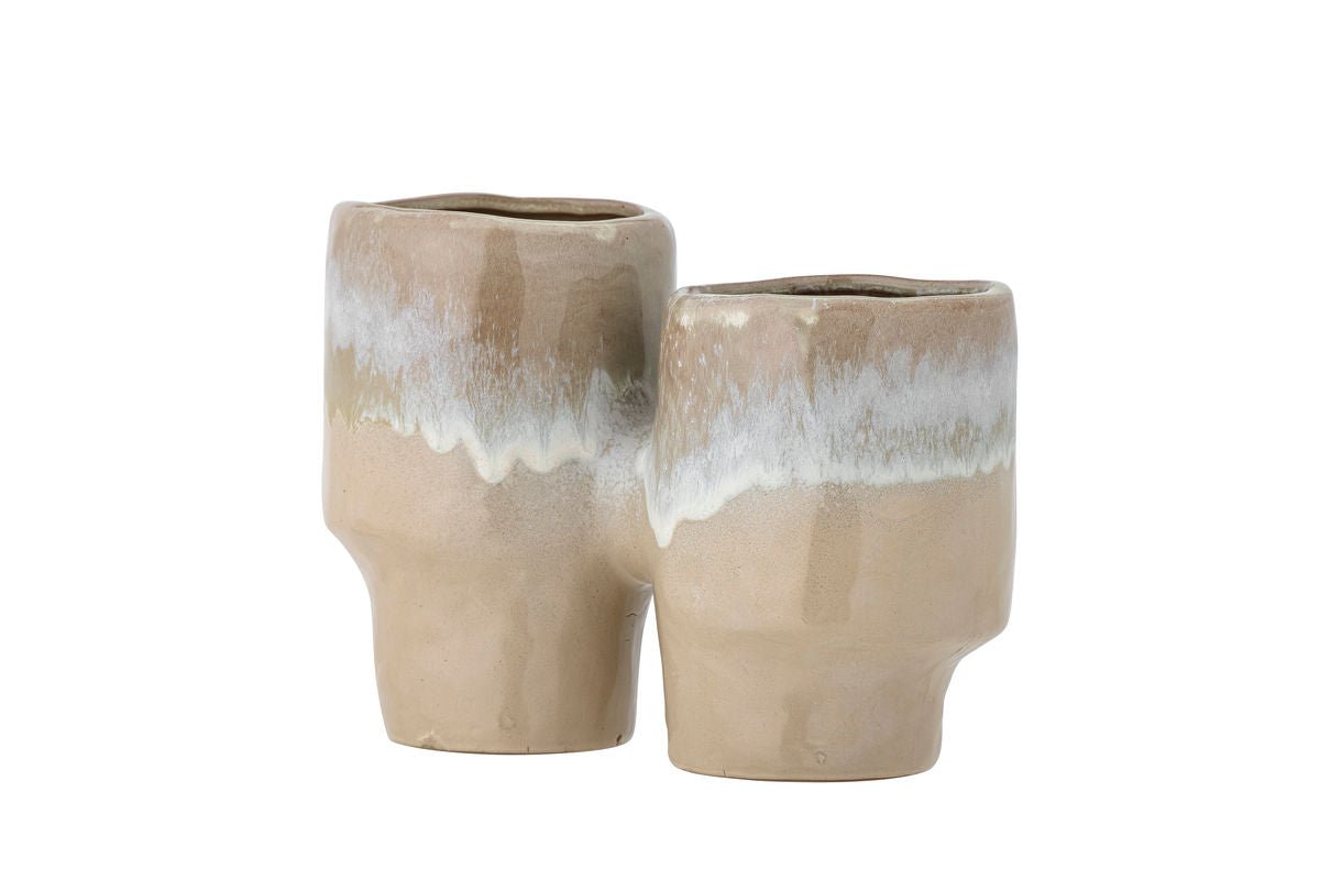 Luxusbetten24 Doublepott Blumentopf – Glasiertes Steingut, Hellbraun