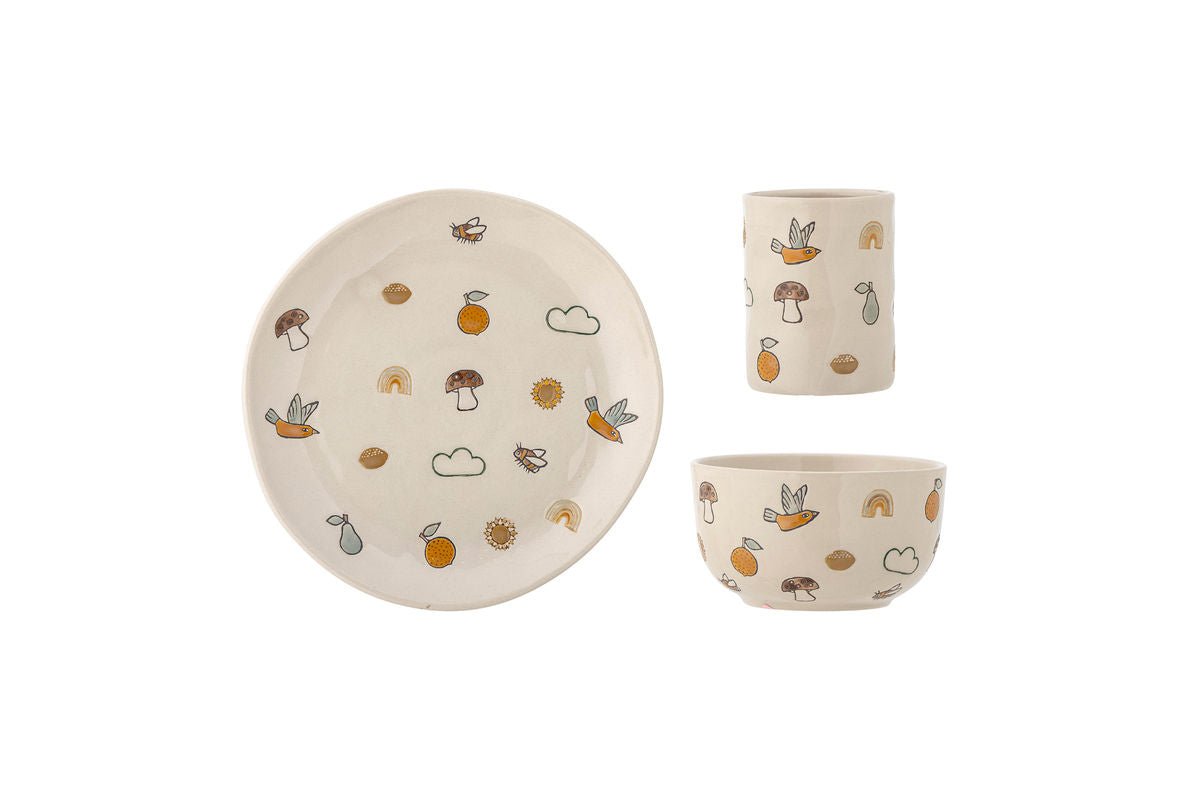 Kinder-Geschirr-Set „Milu“ – Naturfarbenes Steingut (3‑teilig)