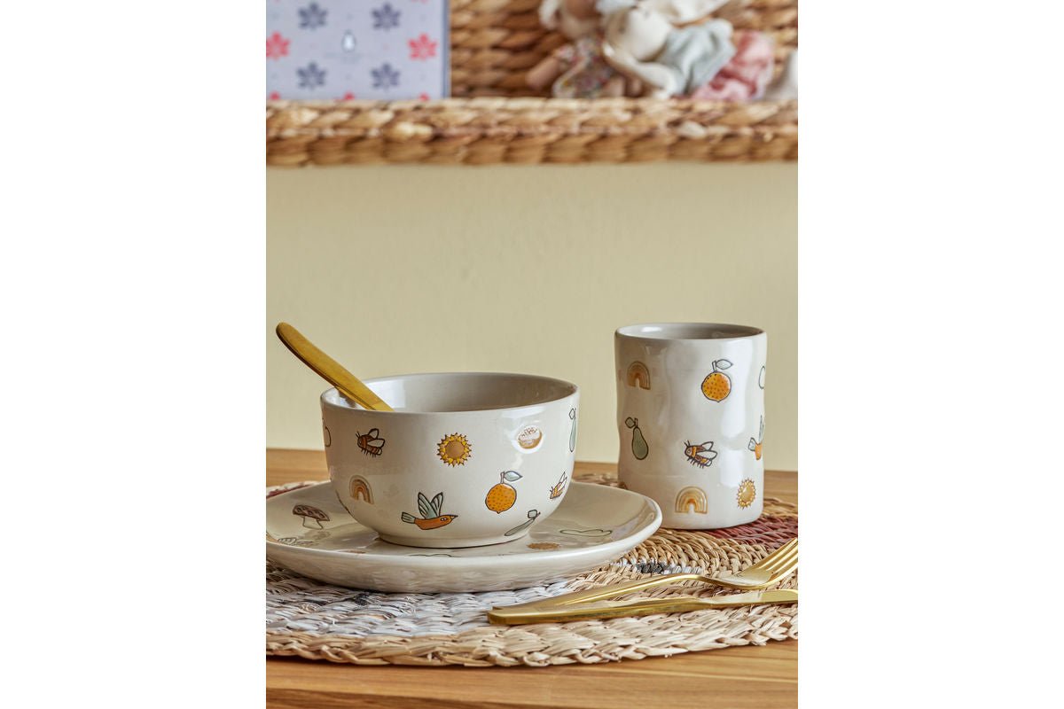 Kinder-Geschirr-Set „Milu“ – Naturfarbenes Steingut (3‑teilig)
