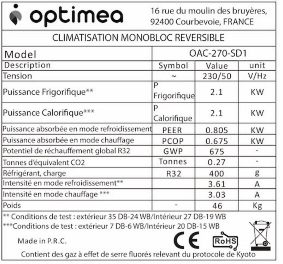 Optiméa OAC-270SD1 Climatizador Monobloque Reversible 2100W