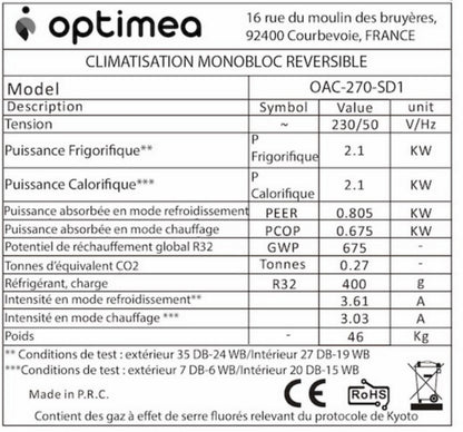 Optiméa OAC-270SD1 Climatizador Monobloque Reversible 2100W