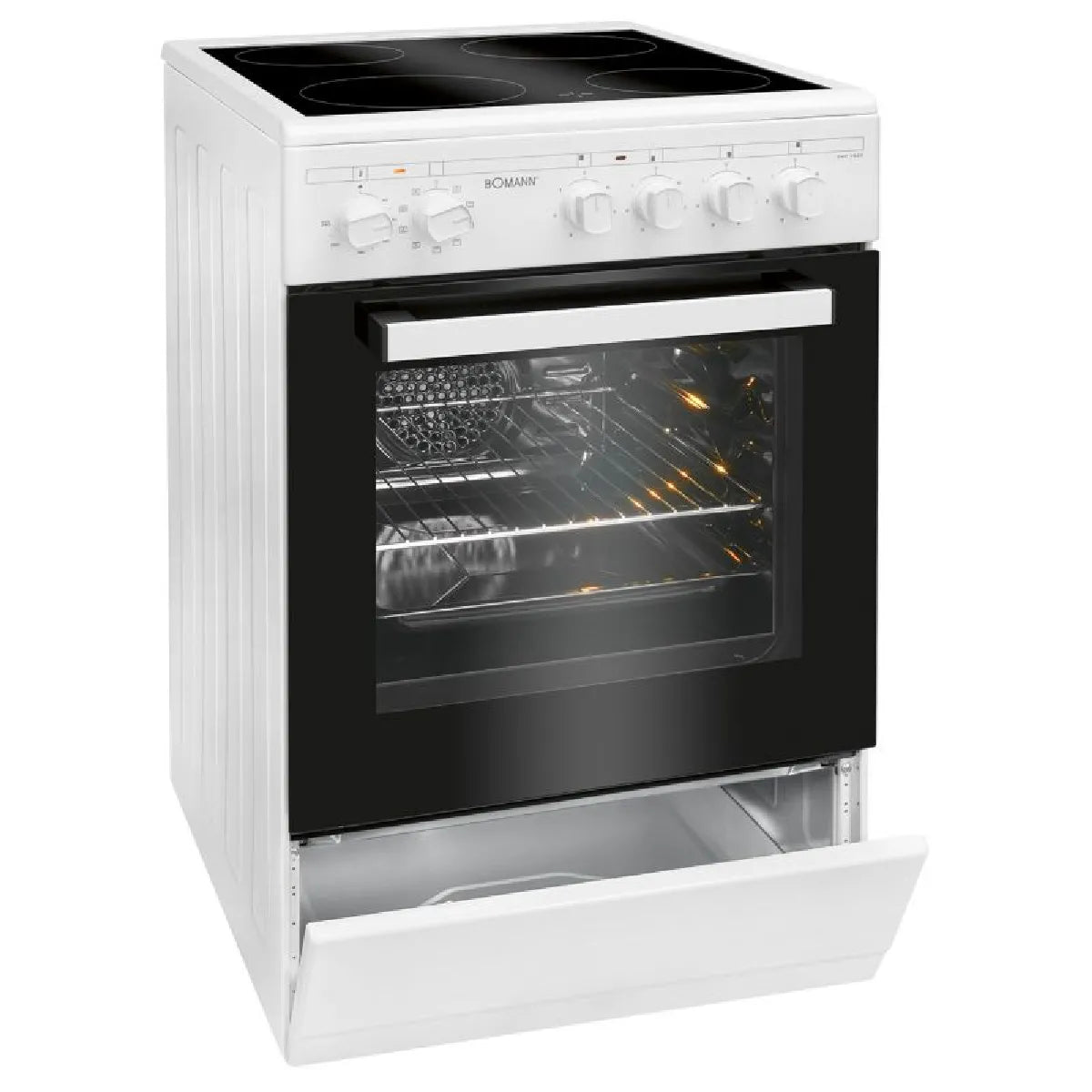 Bomann EHC7939 Cocina Vitrocerámica Blanca 4 Quemadores Horno 43L