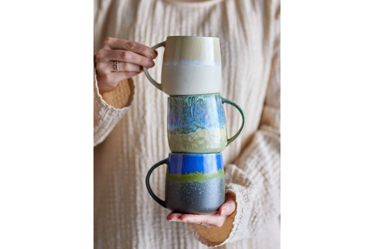 Luxusbetten24 Nerisa Becher-Set Blaues Steingut 3‑teilig für Kaffee und Tee