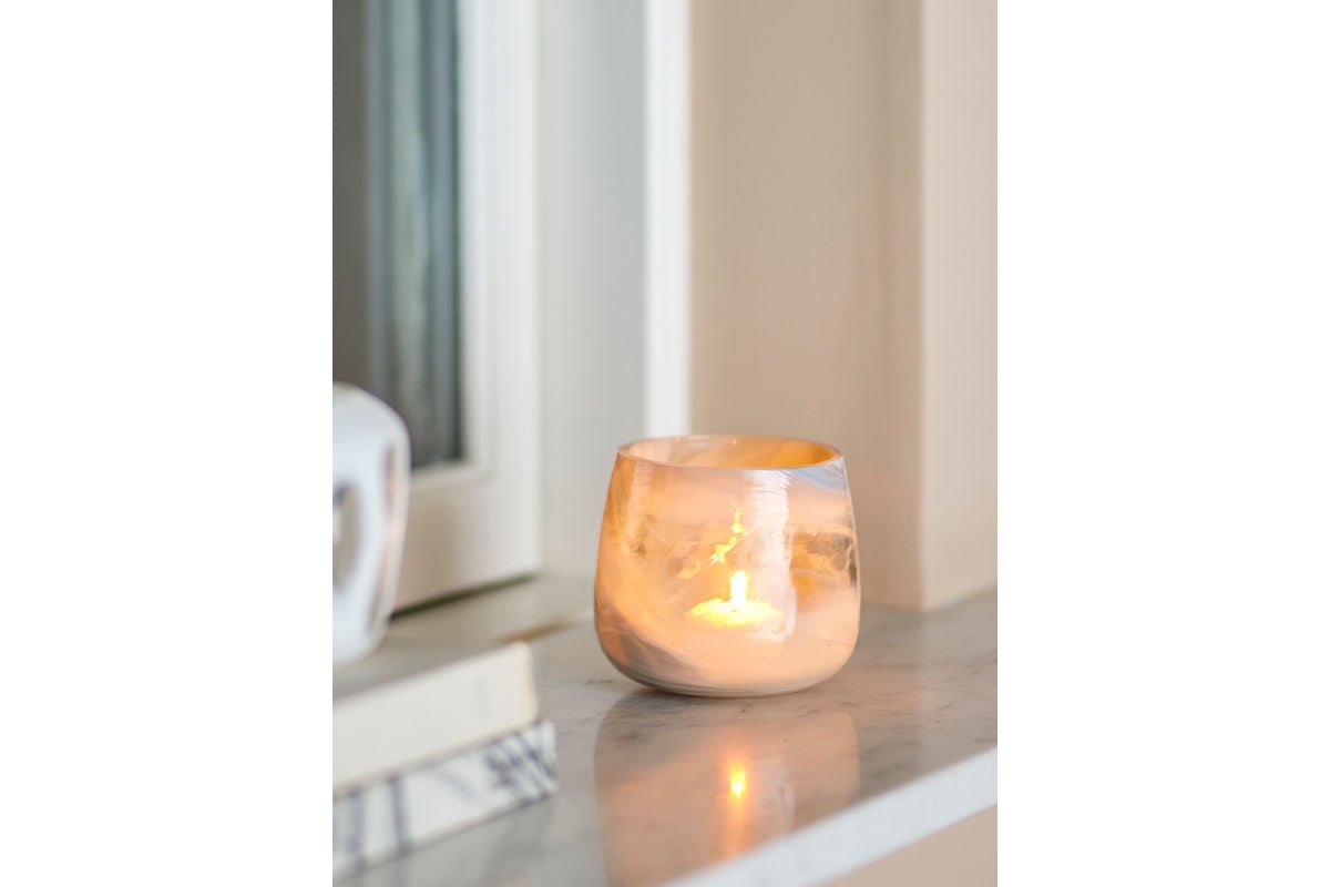 Luxusbetten24 Stanly Teelichthalter aus recyceltem Glas, Marmoreffekt Design