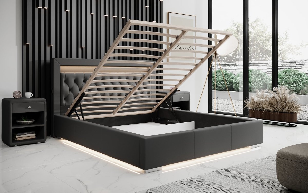 Infinity Designer Polsterbett mit RGB, USB und Stauraum, 140x200, Grau