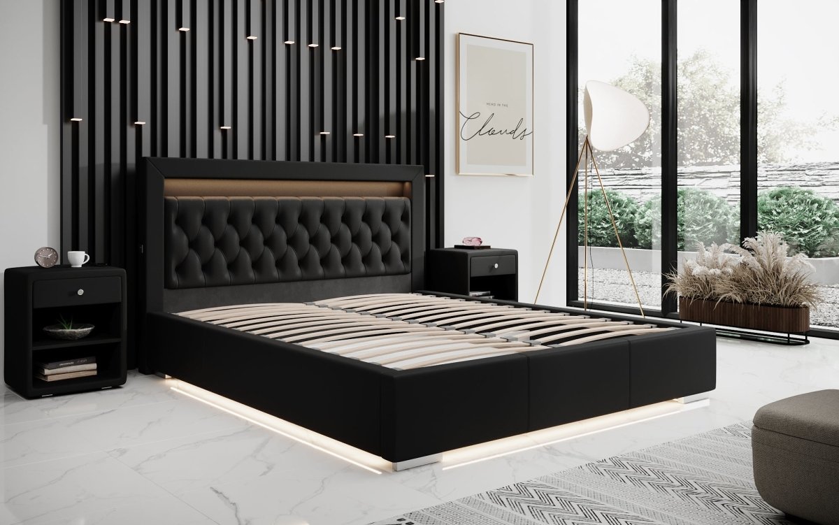 Infinity Designer Polsterbett mit RGB, USB und Stauraum, 140x200, Grau