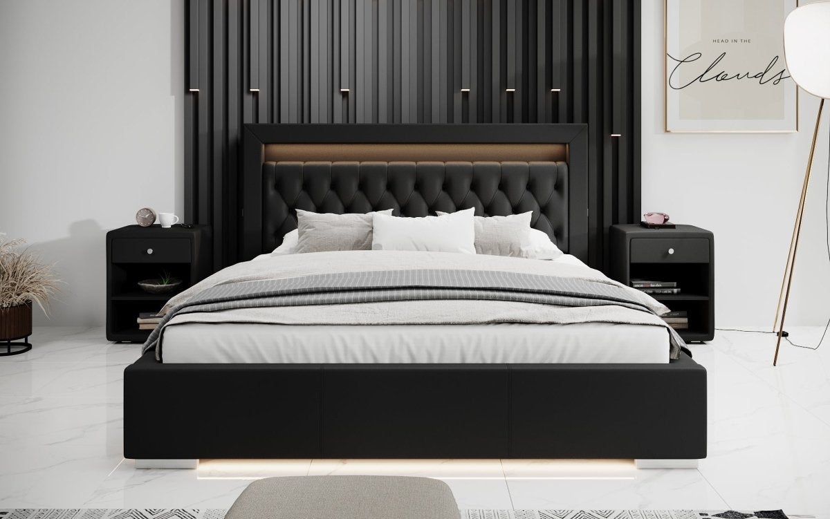 Infinity Designer Polsterbett mit RGB, USB und Stauraum, 140x200, Grau