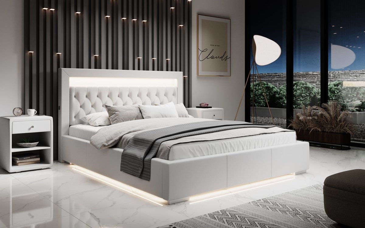 Infinity Designer Polsterbett mit RGB, USB und Stauraum, 140x200, Grau