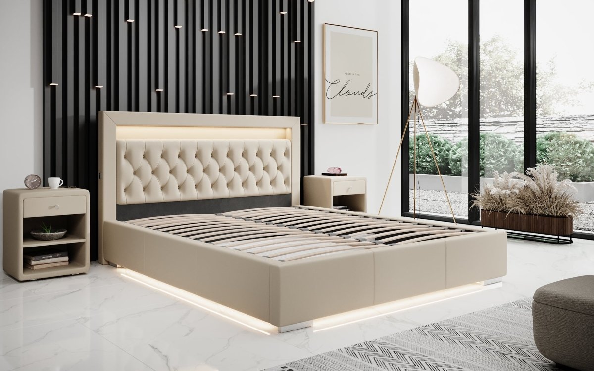 Infinity Designer Polsterbett mit RGB, USB und Stauraum, 140x200, Grau