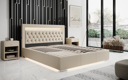Infinity Designer Polsterbett mit RGB, USB und Stauraum, 140x200, Grau