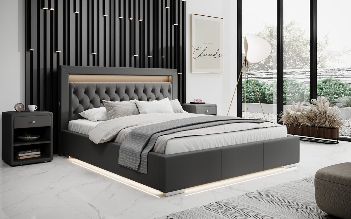 Infinity Designer Polsterbett mit RGB, USB und Stauraum, 140x200, Grau